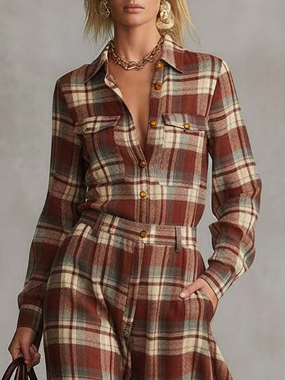 Red Check Long Sleeve Shirt Maxi Dress