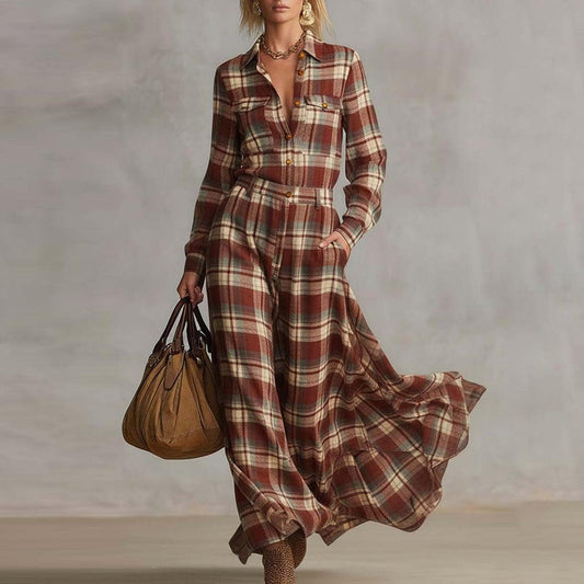 Red Check Long Sleeve Shirt Maxi Dress
