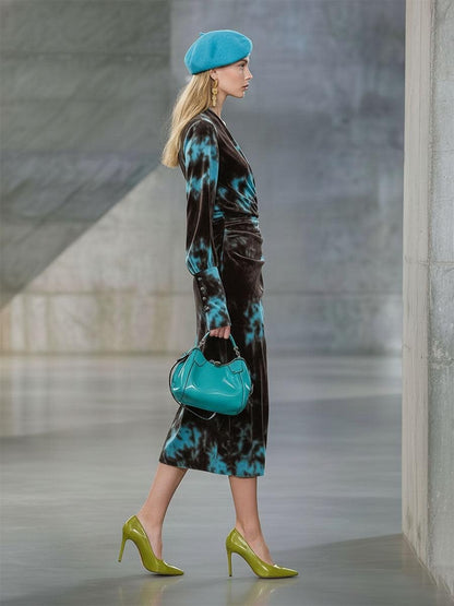 Groovy Blue Velvet Long Sleeve Midi Dress