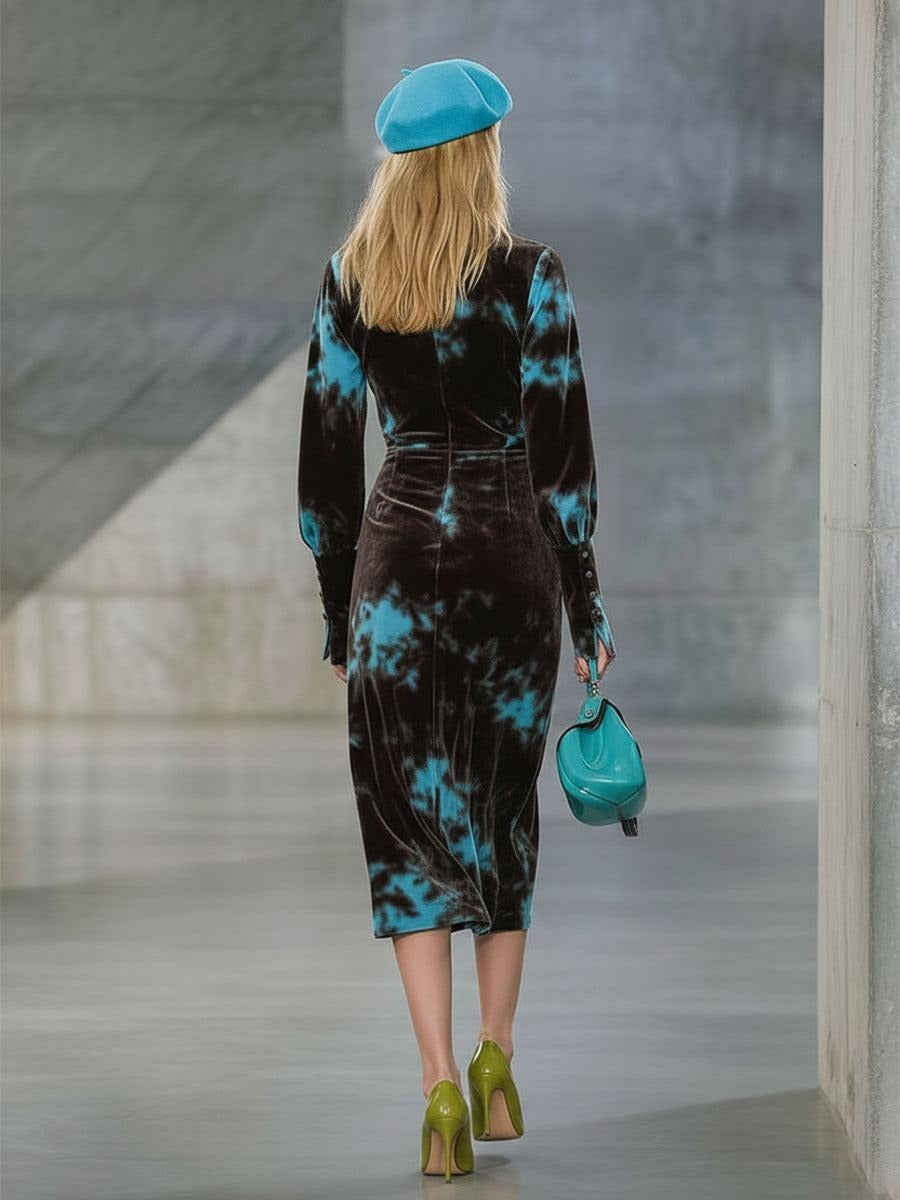 Groovy Blue Velvet Long Sleeve Midi Dress