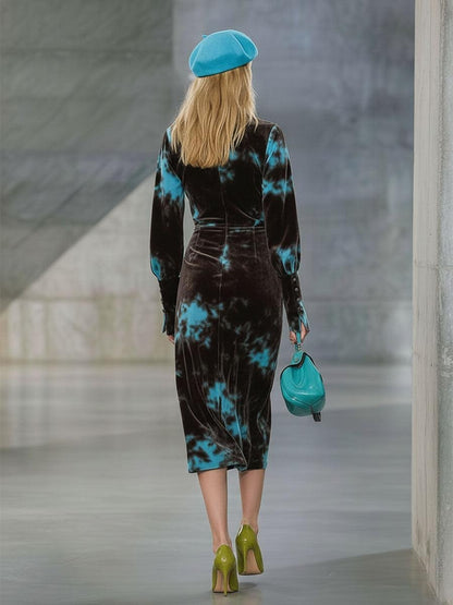 Groovy Blue Velvet Long Sleeve Midi Dress