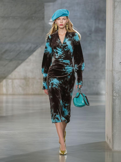 Groovy Blue Velvet Long Sleeve Midi Dress