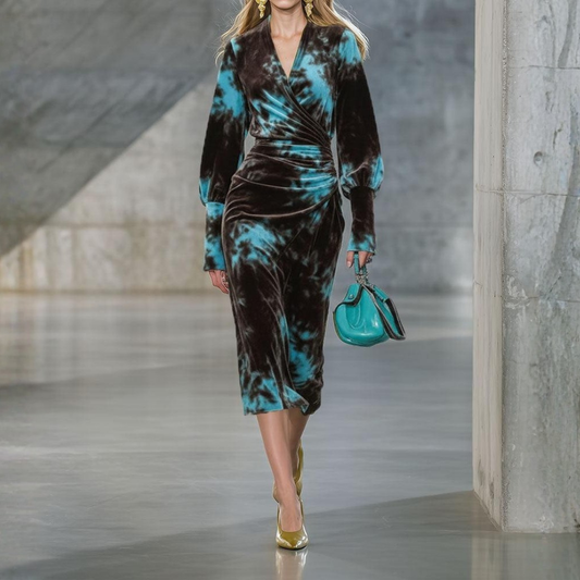 Groovy Blue Velvet Long Sleeve Midi Dress