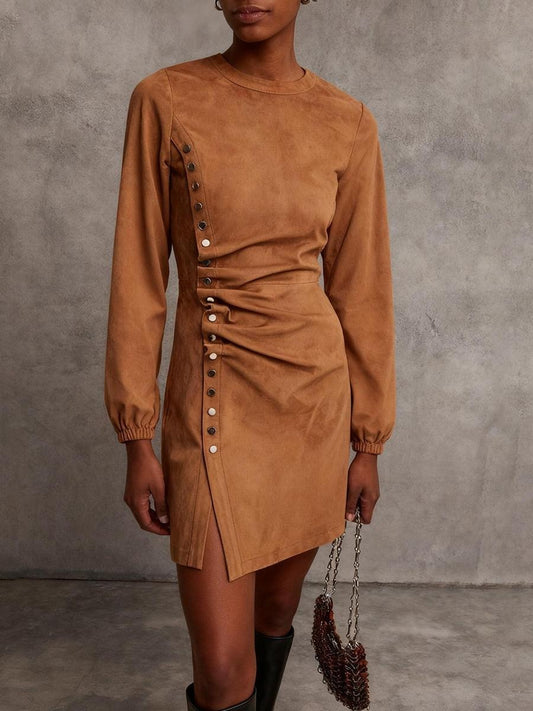 Retro Plain Suede Mini Dress With Side Button Detail