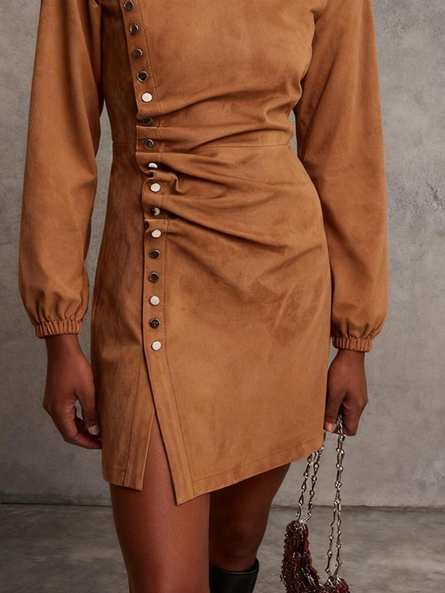 Retro Plain Suede Mini Dress With Side Button Detail