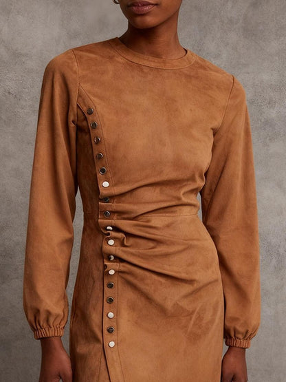 Retro Plain Suede Mini Dress With Side Button Detail