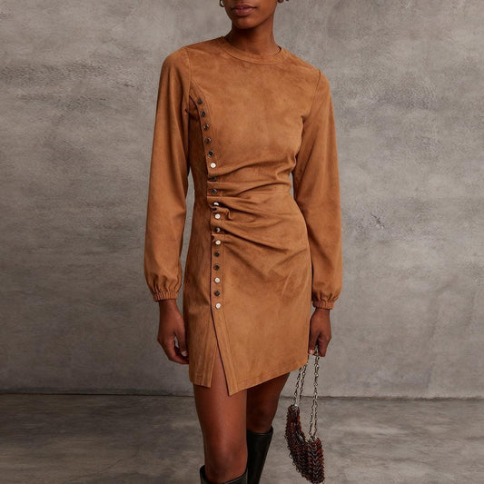 Retro Plain Suede Mini Dress With Side Button Detail
