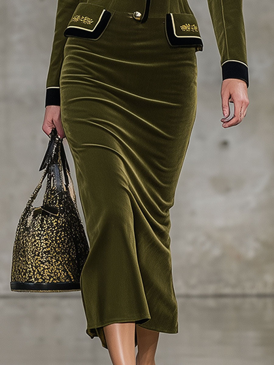 Fashion Retro Green Velvet Lapel Midi Dress