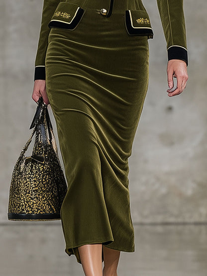 Fashion Retro Green Velvet Lapel Midi Dress