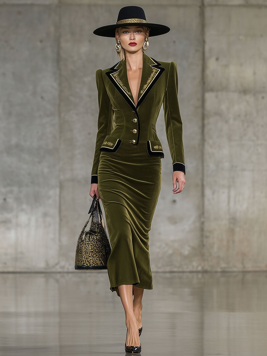 Fashion Retro Green Velvet Lapel Midi Dress