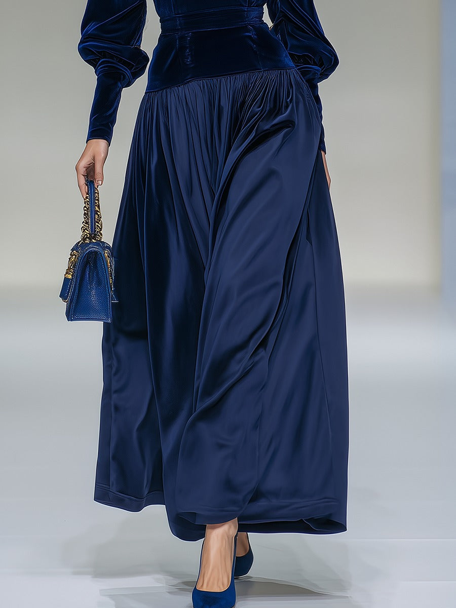 Elegant Retro Stand Collar Long Sleeve Velvet Satin Patchwork Dress