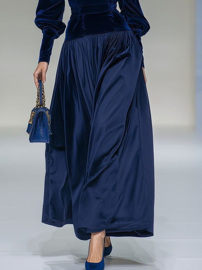 Elegant Retro Stand Collar Long Sleeve Velvet Satin Patchwork Dress