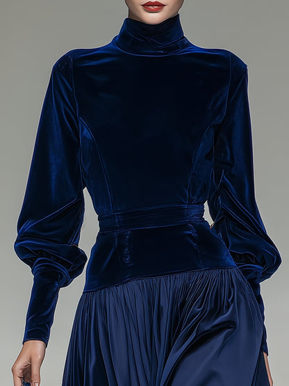 Elegant Retro Stand Collar Long Sleeve Velvet Satin Patchwork Dress