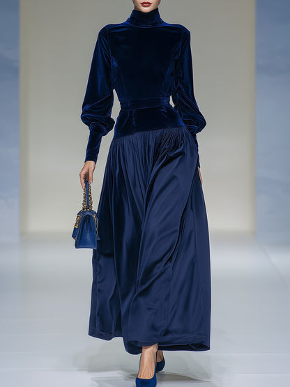 Elegant Retro Stand Collar Long Sleeve Velvet Satin Patchwork Dress