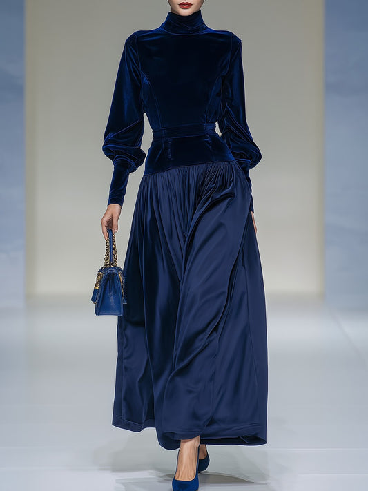 Elegant Retro Stand Collar Long Sleeve Velvet Satin Patchwork Dress