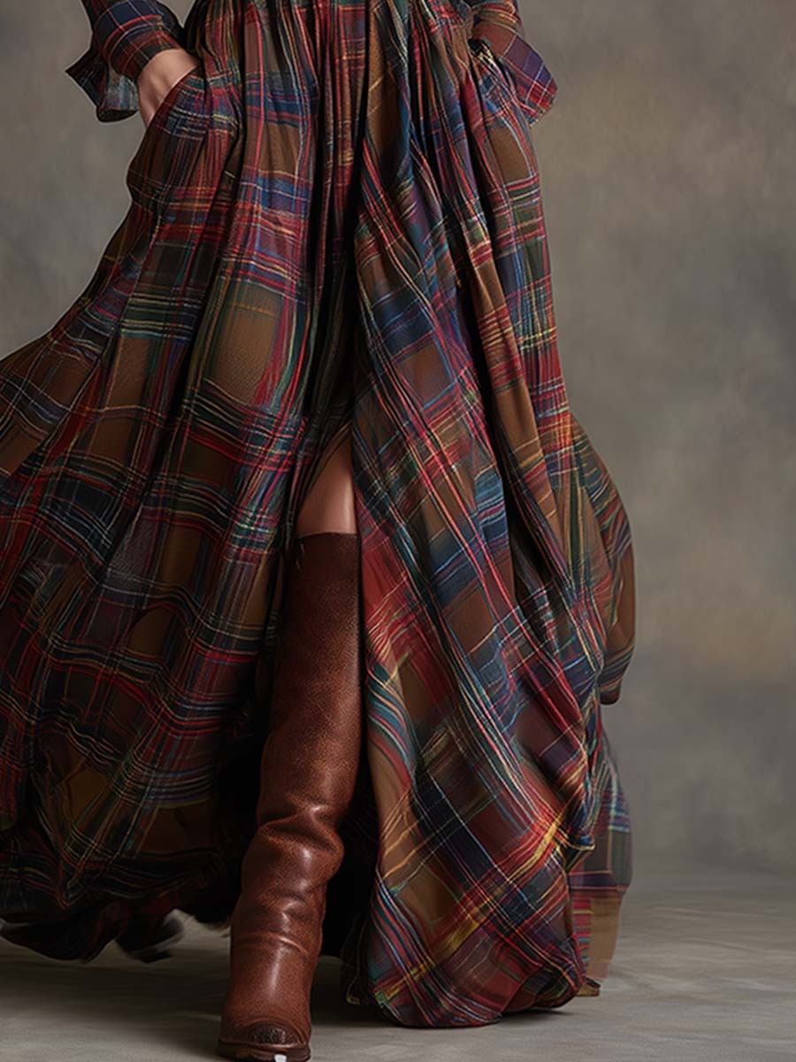 Retro Ethnic Lapel Red-Brown Plaid Dress