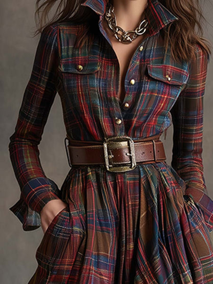 Retro Ethnic Lapel Red-Brown Plaid Dress