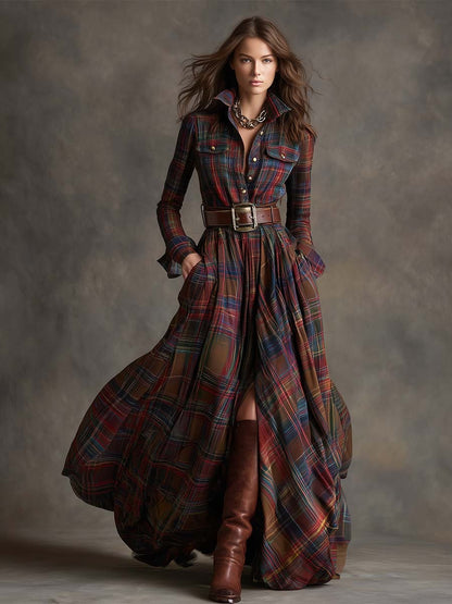 Retro Ethnic Lapel Red-Brown Plaid Dress