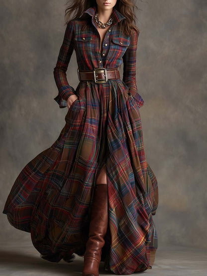 Retro Ethnic Lapel Red-Brown Plaid Dress