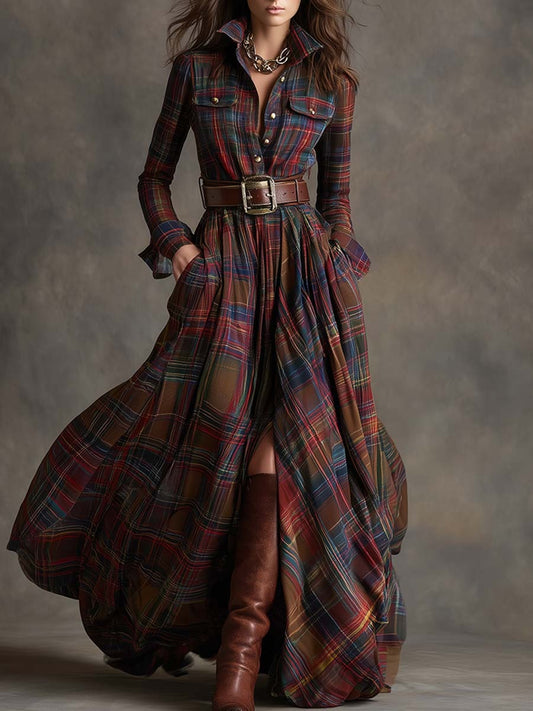Retro Ethnic Lapel Red-Brown Plaid Dress