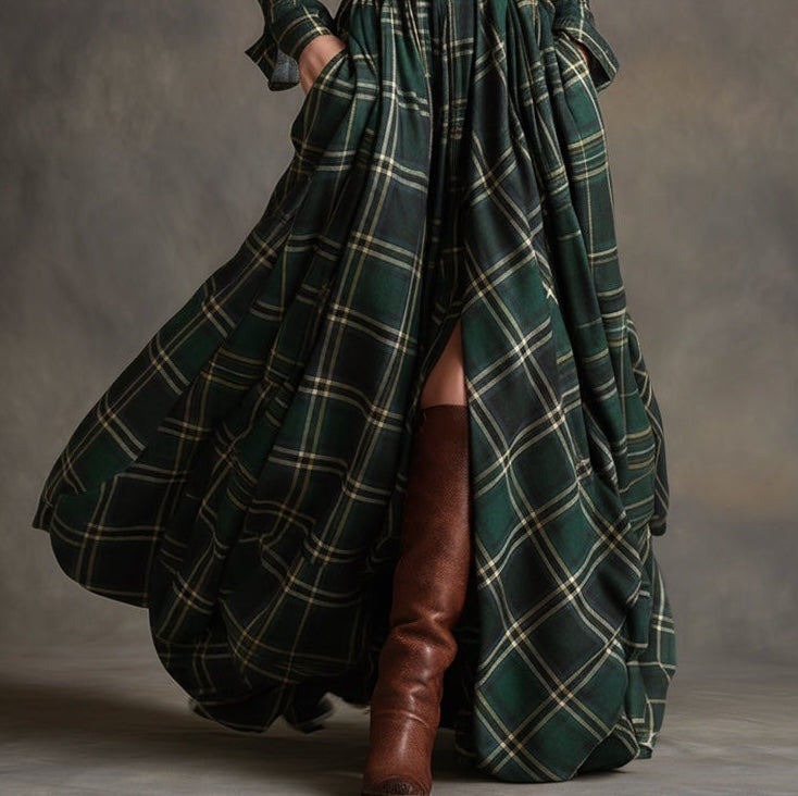 Retro Ethnic Style Lapel Green Plaid Maxi Dress