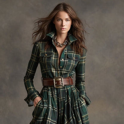 Retro Ethnic Style Lapel Green Plaid Maxi Dress