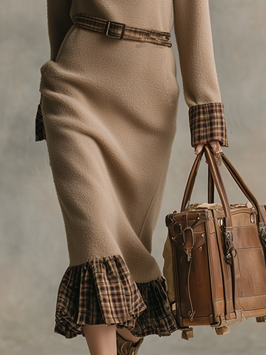 Elegant Vintage Plaid Trim Khaki Warm Polar Fleece Midi Dress