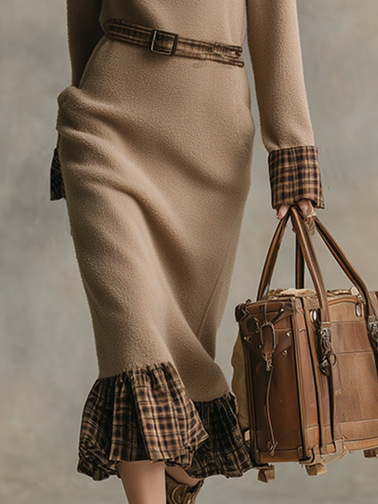 Elegant Vintage Plaid Trim Khaki Warm Polar Fleece Midi Dress