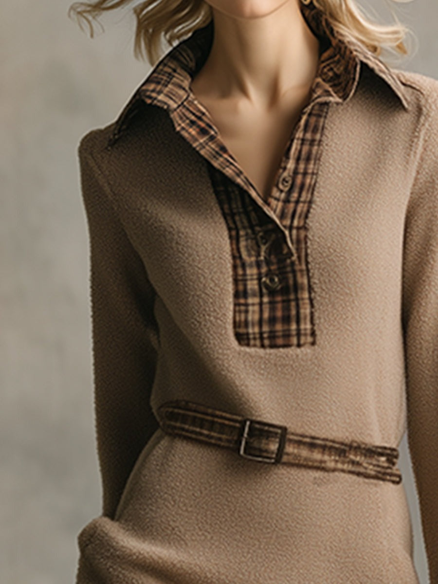 Elegant Vintage Plaid Trim Khaki Warm Polar Fleece Midi Dress