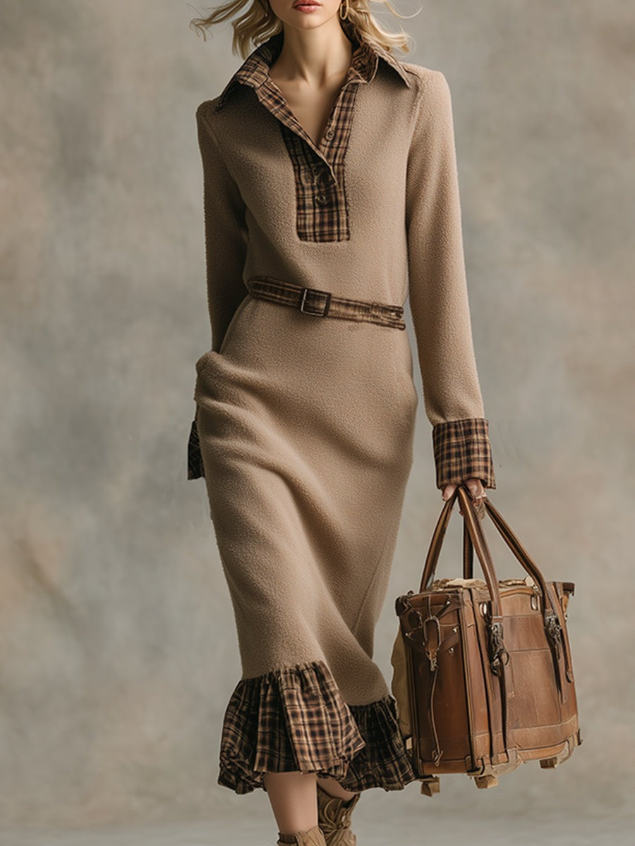 Elegant Vintage Plaid Trim Khaki Warm Polar Fleece Midi Dress