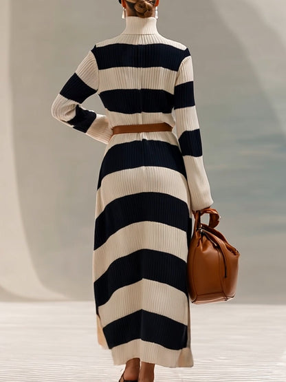 Fashionable And Elegant High Collar Navy Blue And White Contrast Striped Knitted Long Sleeve Maxi Dress