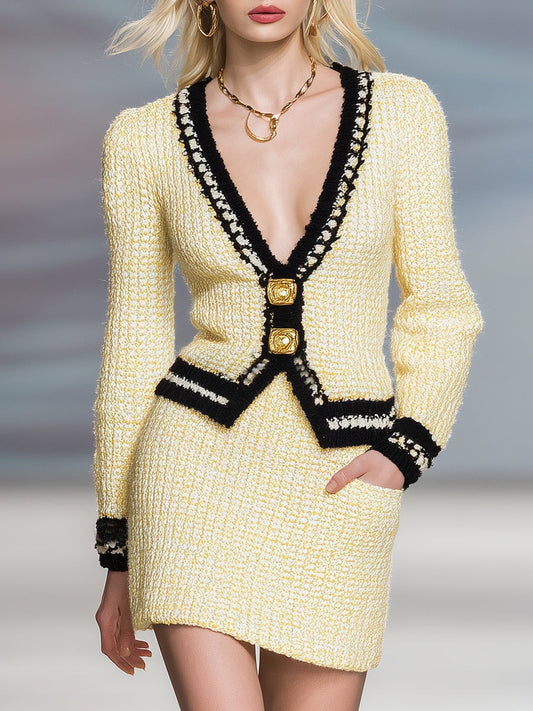 Elegant And Fashionable Black Trim Light Yellow V-neck Cardigan Skirt Knitted Set