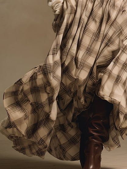 Retro Bohemian Cream Velvet Plaid Maxi Dress