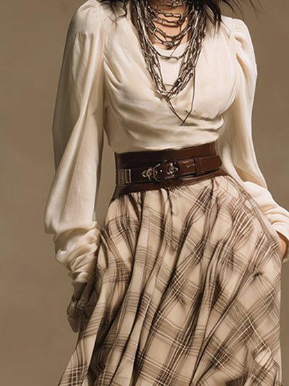 Retro Bohemian Cream Velvet Plaid Maxi Dress