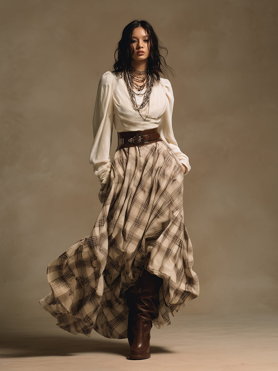 Retro Bohemian Cream Velvet Plaid Maxi Dress