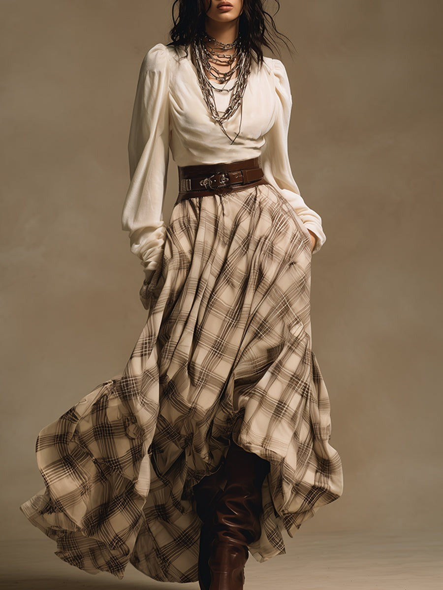 Retro Bohemian Cream Velvet Plaid Maxi Dress