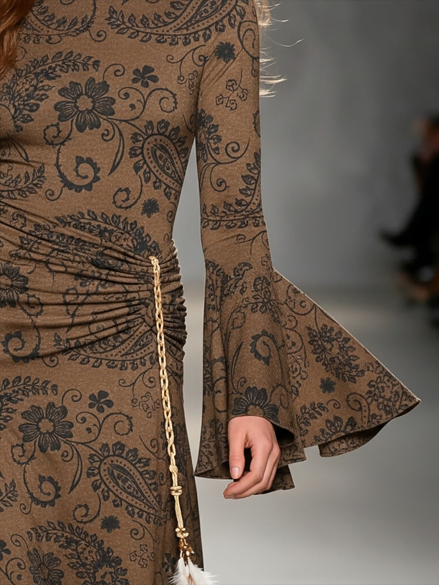 Vintage Western-inspired Paisley Print Faux Suede Maxi Dress