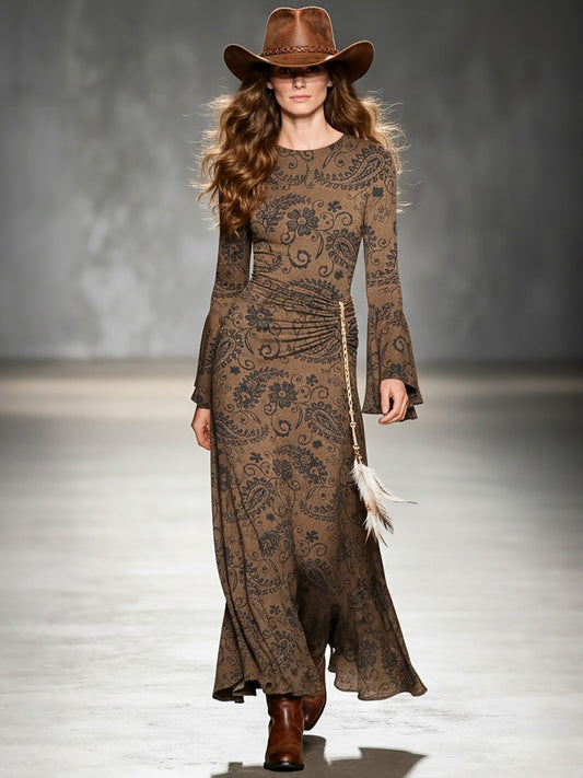 Vintage Western-inspired Paisley Print Faux Suede Maxi Dress