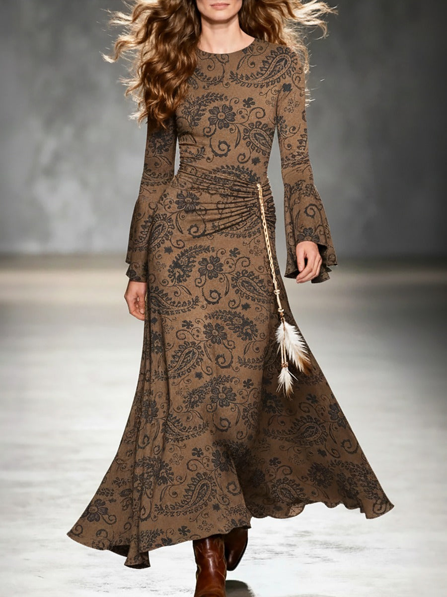 Vintage Western-inspired Paisley Print Faux Suede Maxi Dress