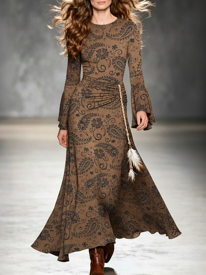 Vintage Western-inspired Paisley Print Faux Suede Maxi Dress