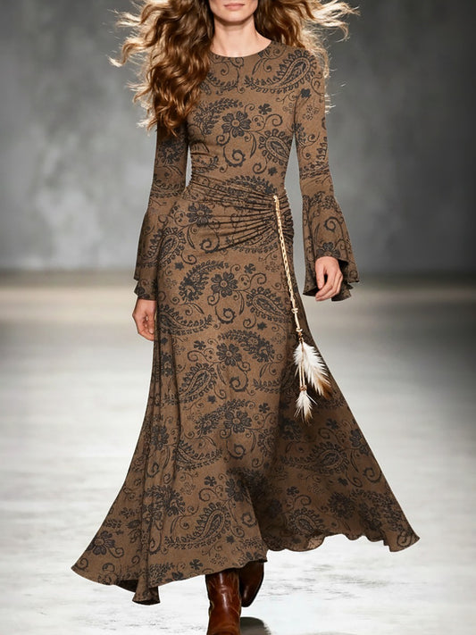 Vintage Western-inspired Paisley Print Faux Suede Maxi Dress