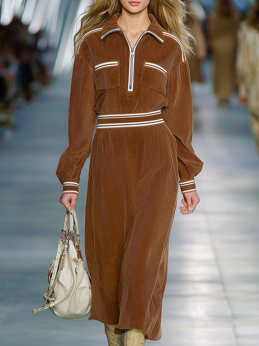 Vintage White Trim Brown Corduroy Lapel Half-zip Midi Dress