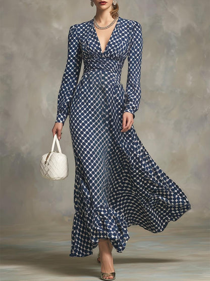 Blue Polka Dot Long Sleeve Maxi Dress With Draped Waist