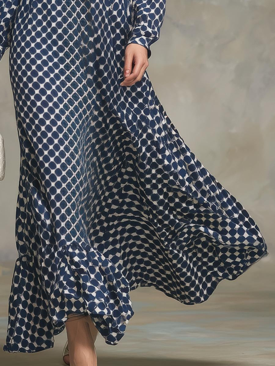 Blue Polka Dot Long Sleeve Maxi Dress With Draped Waist