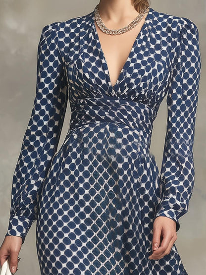 Blue Polka Dot Long Sleeve Maxi Dress With Draped Waist