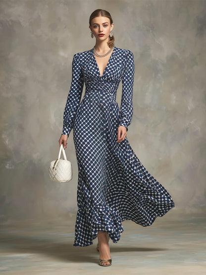 Blue Polka Dot Long Sleeve Maxi Dress With Draped Waist