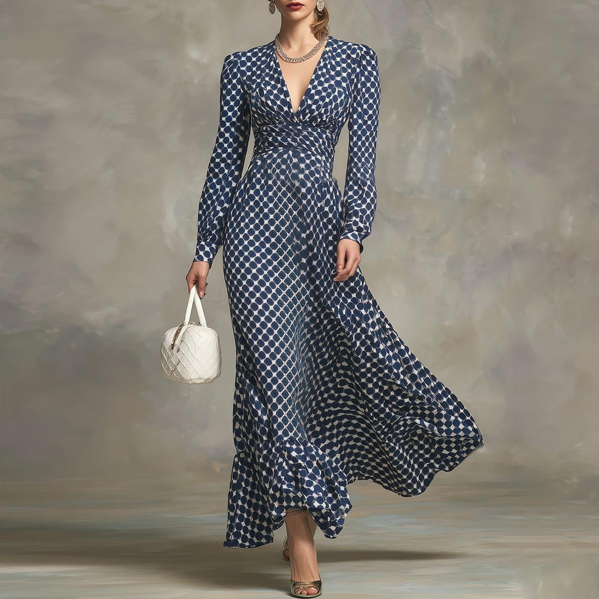 Blue Polka Dot Long Sleeve Maxi Dress With Draped Waist