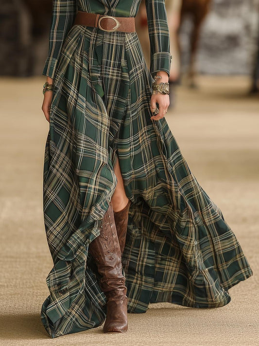 Stylish Western Style Retro Plaid Long Sleeve Maxi Dress