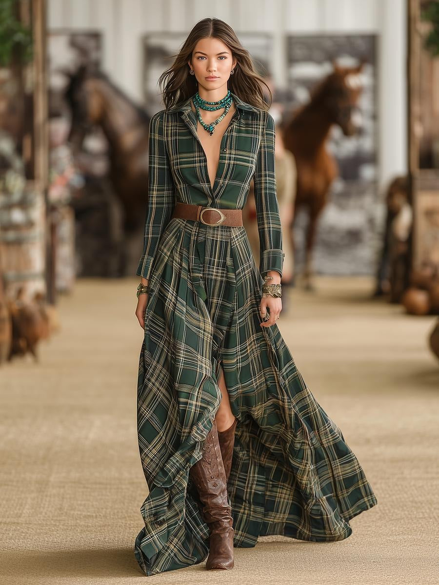 Stylish Western Style Retro Plaid Long Sleeve Maxi Dress
