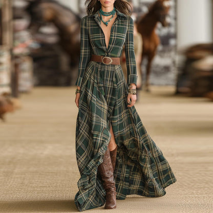 Stylish Western Style Retro Plaid Long Sleeve Maxi Dress